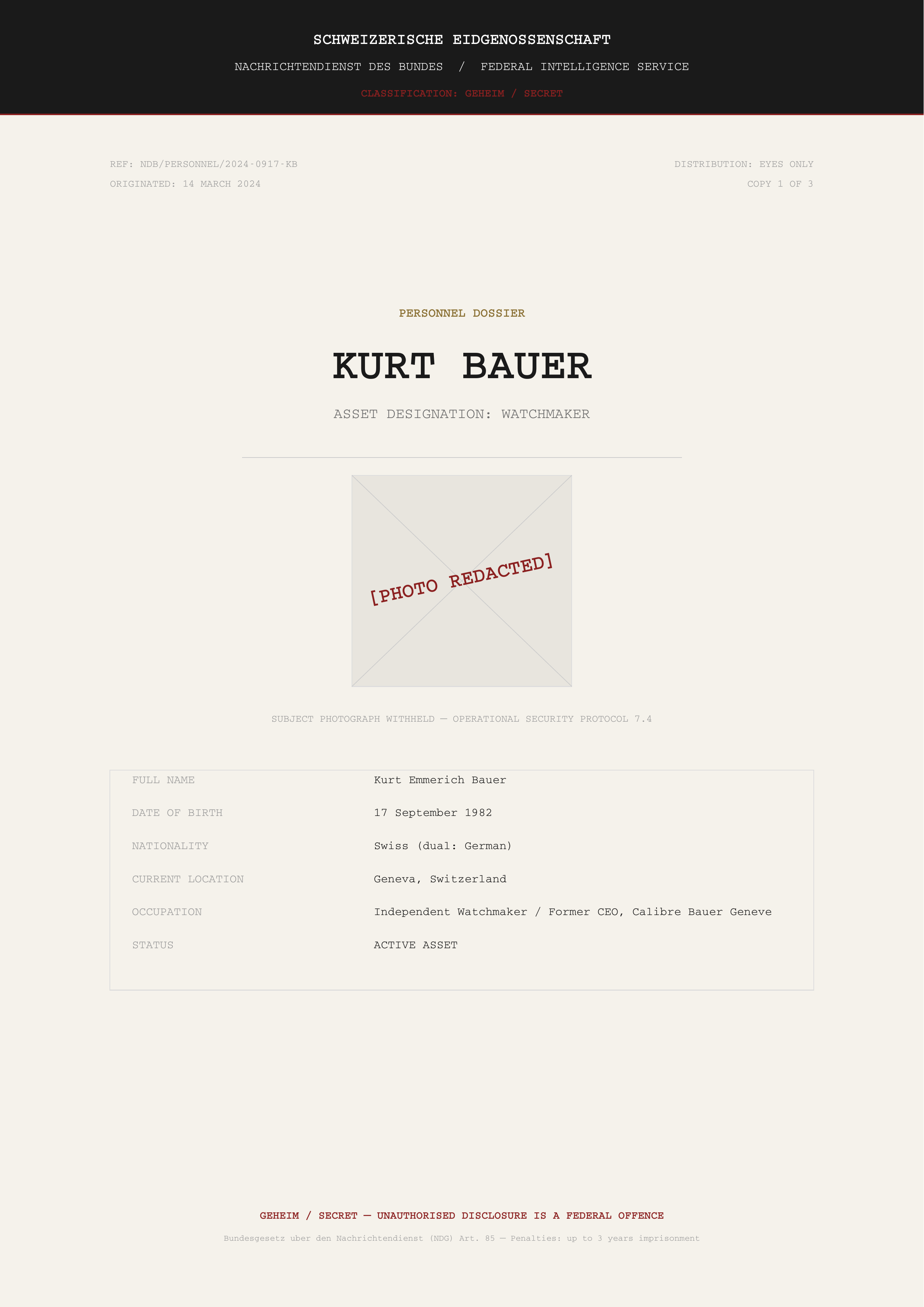 Classified personnel dossier — Kurt Bauer, Asset WATCHMAKER — Swiss Federal Intelligence Service